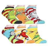 Dr. Seuss Socks Adult Book Character Designs 6 Pack Mix and Match No Show Ankle Socks, 9-11