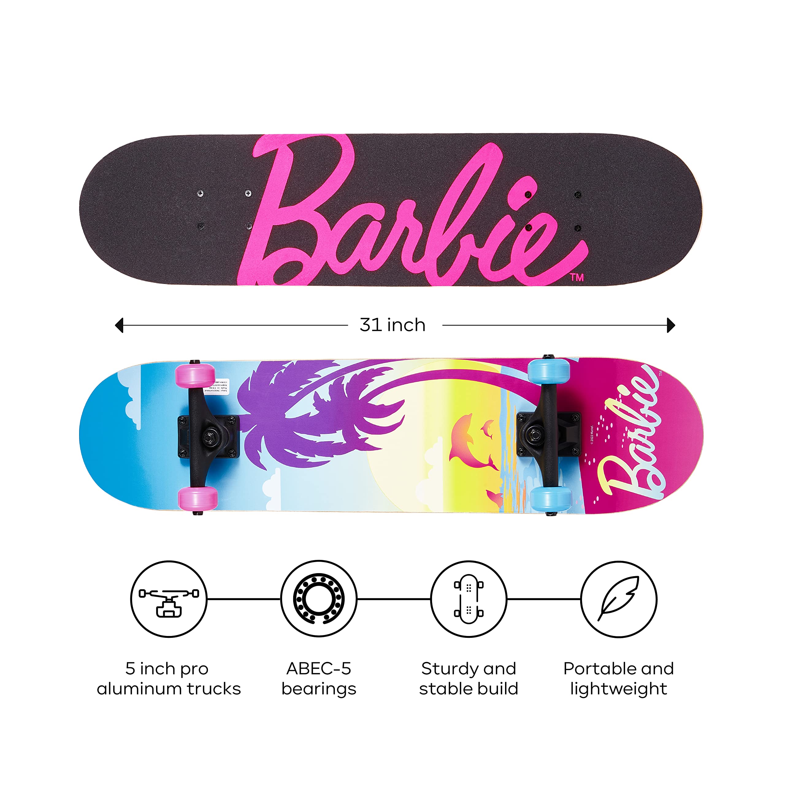 Barbie Skateboard with Printed Graphic Grip Tape - Great for Kids and Teens, Cruiser Skateboard with ABEC 5 Bearings, Durable Deck, Smooth Wheels