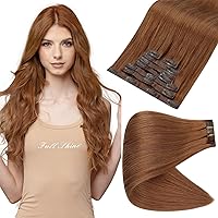 Full Shine Clip in Hair Extensions Copper Human Hair 18 Inch Clip in Real Hair Double Weft 8 Pcs Copper Red Hair Human Hair Clip in Extensions 120 Grams Auburn Brown Natural Ends Remy Hair