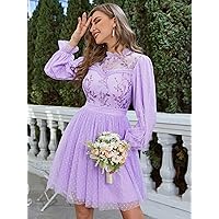 Women's Dress Contrast Sequin Lantern Sleeve Dobby Mesh Dress Dress (Color : Lilac Purple, Size : Medium)