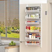 Over the Door Pantry Organizer, 6-Tier Over the Door Organizer with Adjustable Hooks and Basket, Pantry Door Organization for Pantry Kitchen Storage Room Spice Rack, White