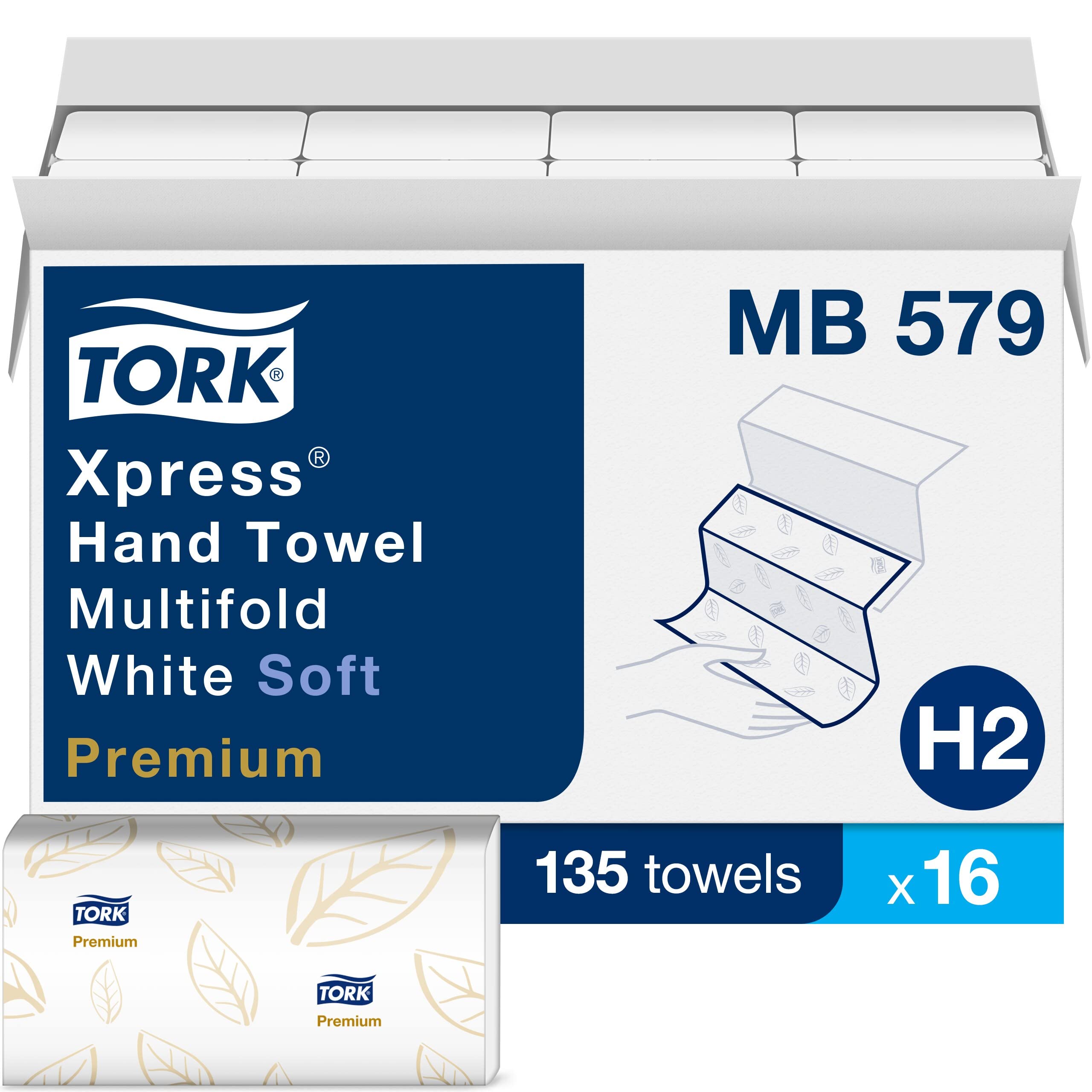 Tork Xpress Soft Multifold Hand Towel White with Blue Leaf Print, Premium Quality, 135 Towels per Pack, 16 Packs, Fits H2 Towel Dispensers