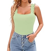 HERLOLLYCHIPS Sexy Tank Tops for Women Square Neck Ruffle Strap Ribbed Knit Tight Stretchy Sleeveless Shirts