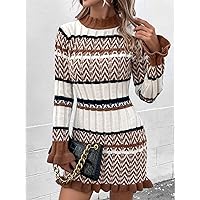 TLULY Sweater Dress for Women Chevron Pattern Ruffle Hem Sweater Dress Sweater Dress for Women (Color : Brown, Size : Large)