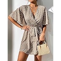 Summer Dresses for Women 2022 Allover Print Butterfly Sleeve Belted Dress Dresses for Women (Color : Khaki, Size : XX-Small)