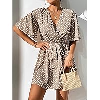 Summer Dresses for Women 2022 Allover Print Butterfly Sleeve Belted Dress Dresses for Women (Color : Khaki, Size : Petite XS)