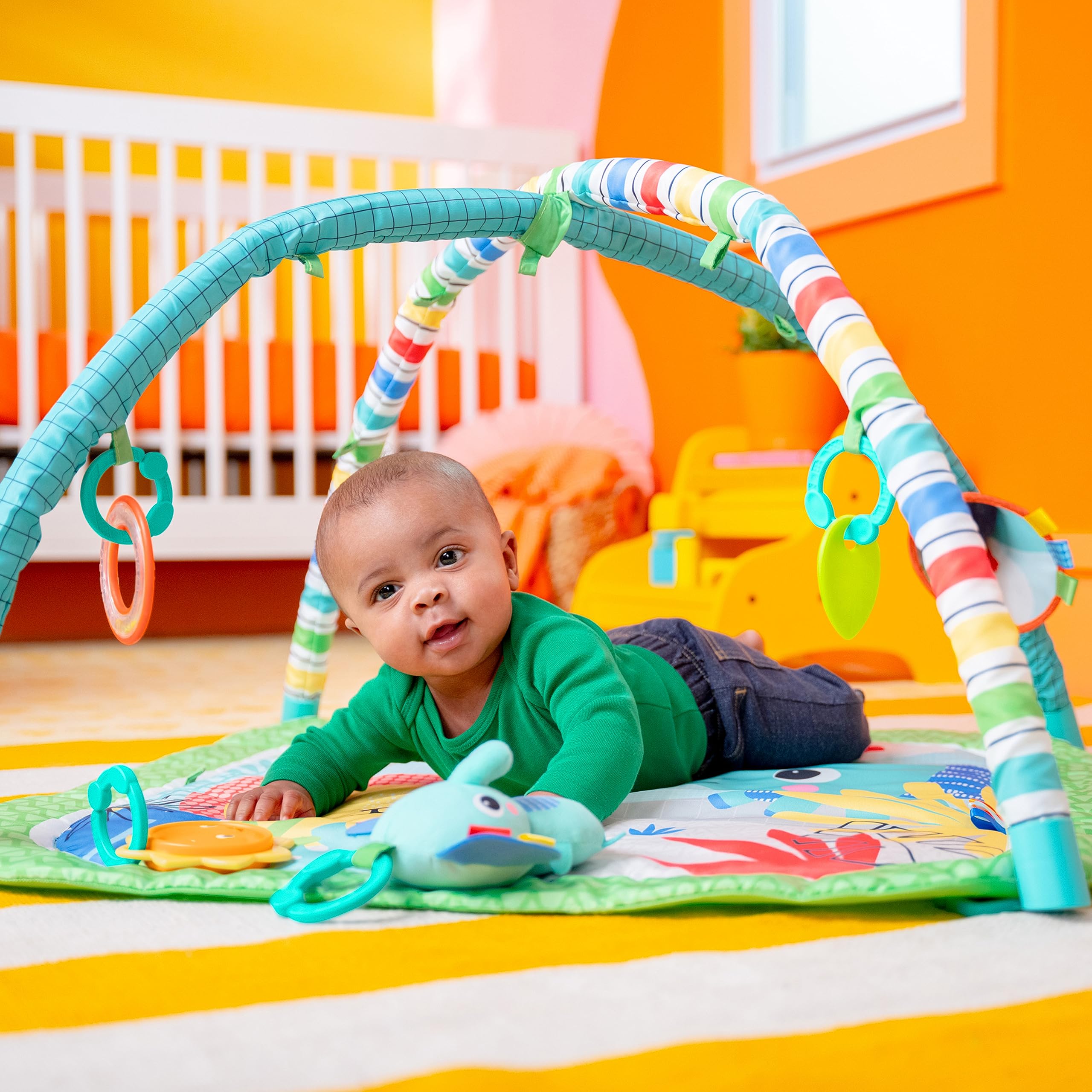 Bright Starts Wild Wiggles Baby Activity Gym & Play Mat with FoldingToy bar, Newborn and up - Green, 18.5” x 29.1” x 29.1”
