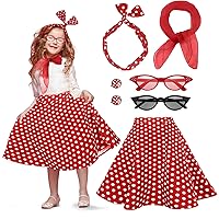 7 Pcs Kid's 50s Costume Girl Poodle Skirt Polka Dot Skirt 1950s Grease Accessories Outfit Scarf Glass Bandana Earring
