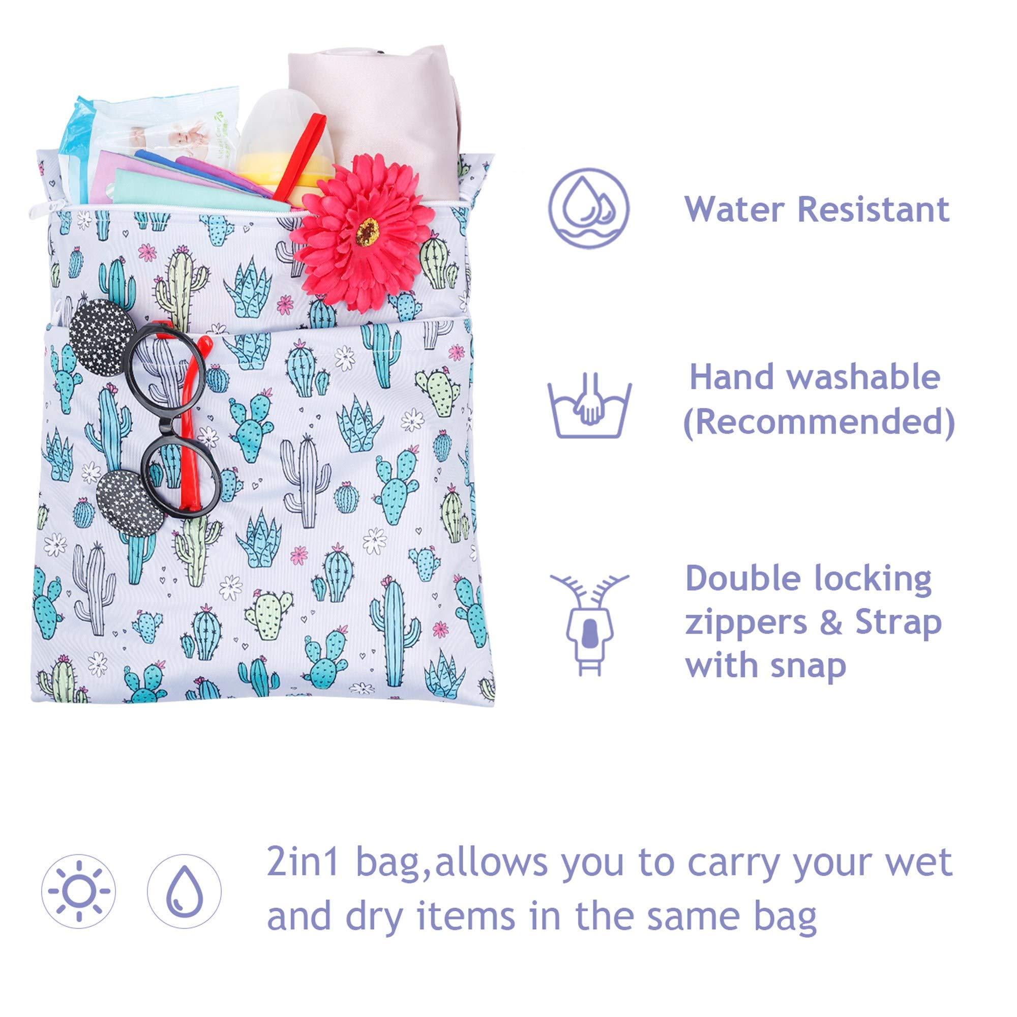 TRENSOM Wet Dry Bag for Breast Pump Parts Waterproof Reusable bags with Two Zippered Pockets Heart Cactus Wet Bag for Cloth Diapers Travel Beach Pool Yoga Gym Bag for Swimsuits Wet Clothes 2 pcs