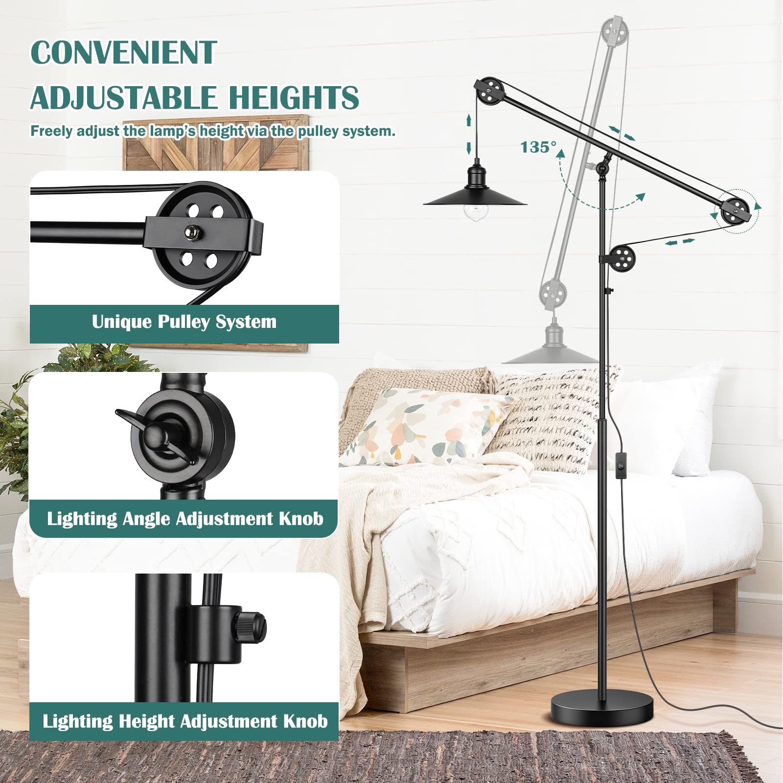 Adjustable Industrial Floor Lamps for Living Room - Rustic Reading Lamp with Pulley System, Modern Farmhouse Indoor Pole Task Lamp, Vintage Tall Standing Lamp for Bedroom Office, Blackened Bronze