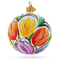 Vibrant Tulip Bouquet on White Blown Glass Ball Christmas Ornament 3.25 Inches