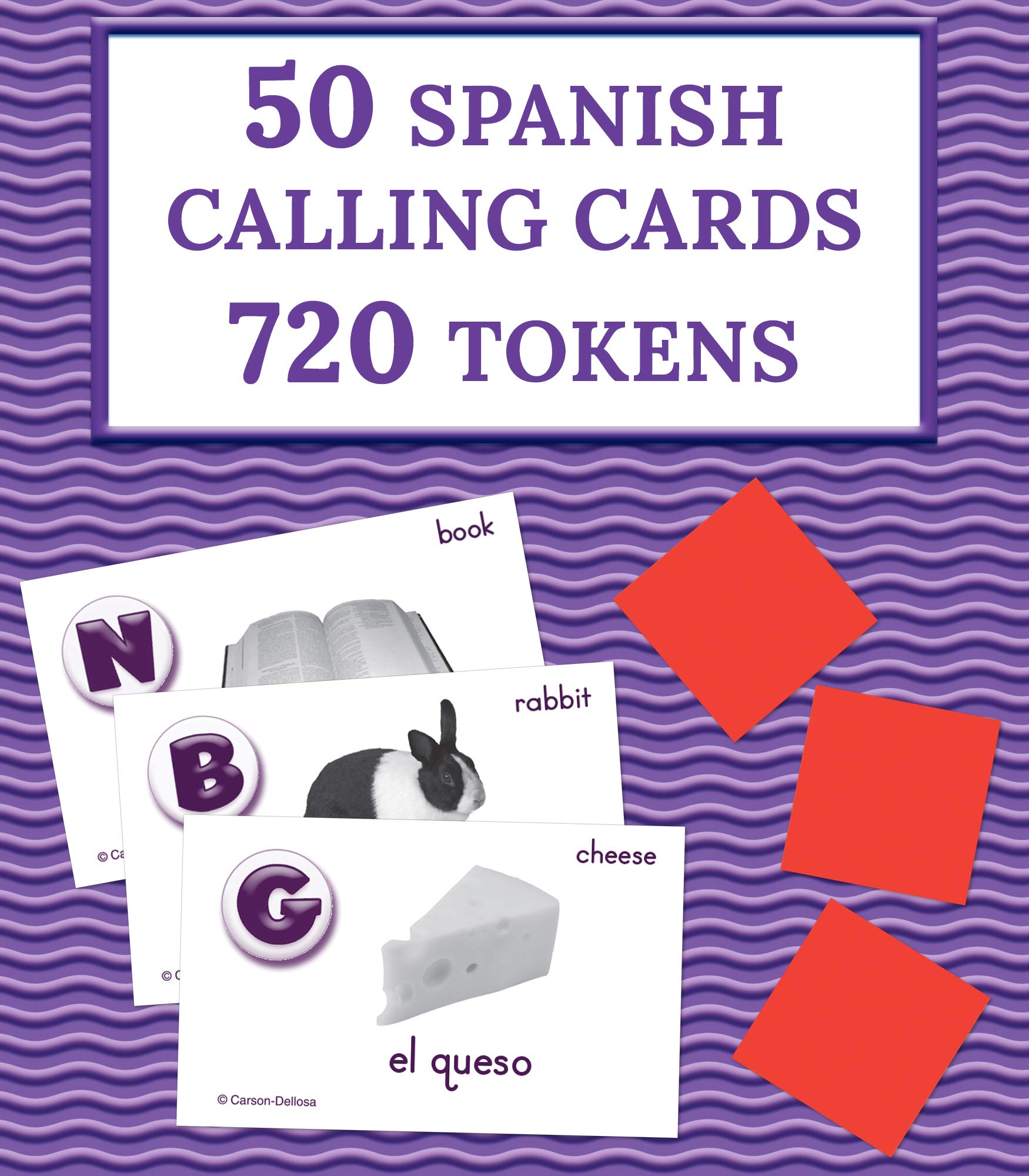 Carson Dellosa Basic Spanish Bingo Game—Learning Board Game with 50 Spanish Words with Photos, 36 Game Boards and Bingo Chips for 3-36 Players, Ages 4 and Up