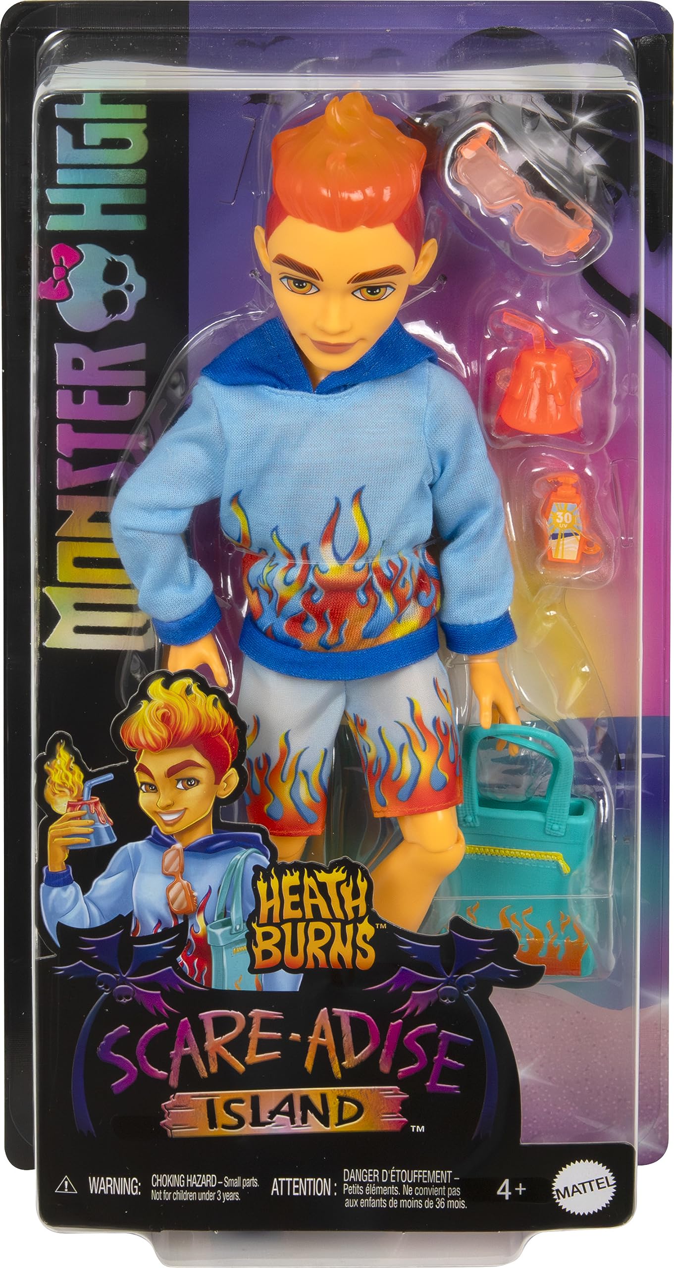 Monster High Scare-adise Island Heath Burns Doll with Flame Hoodie, Swim Trunks and Beach Accessories Like Sunglasses