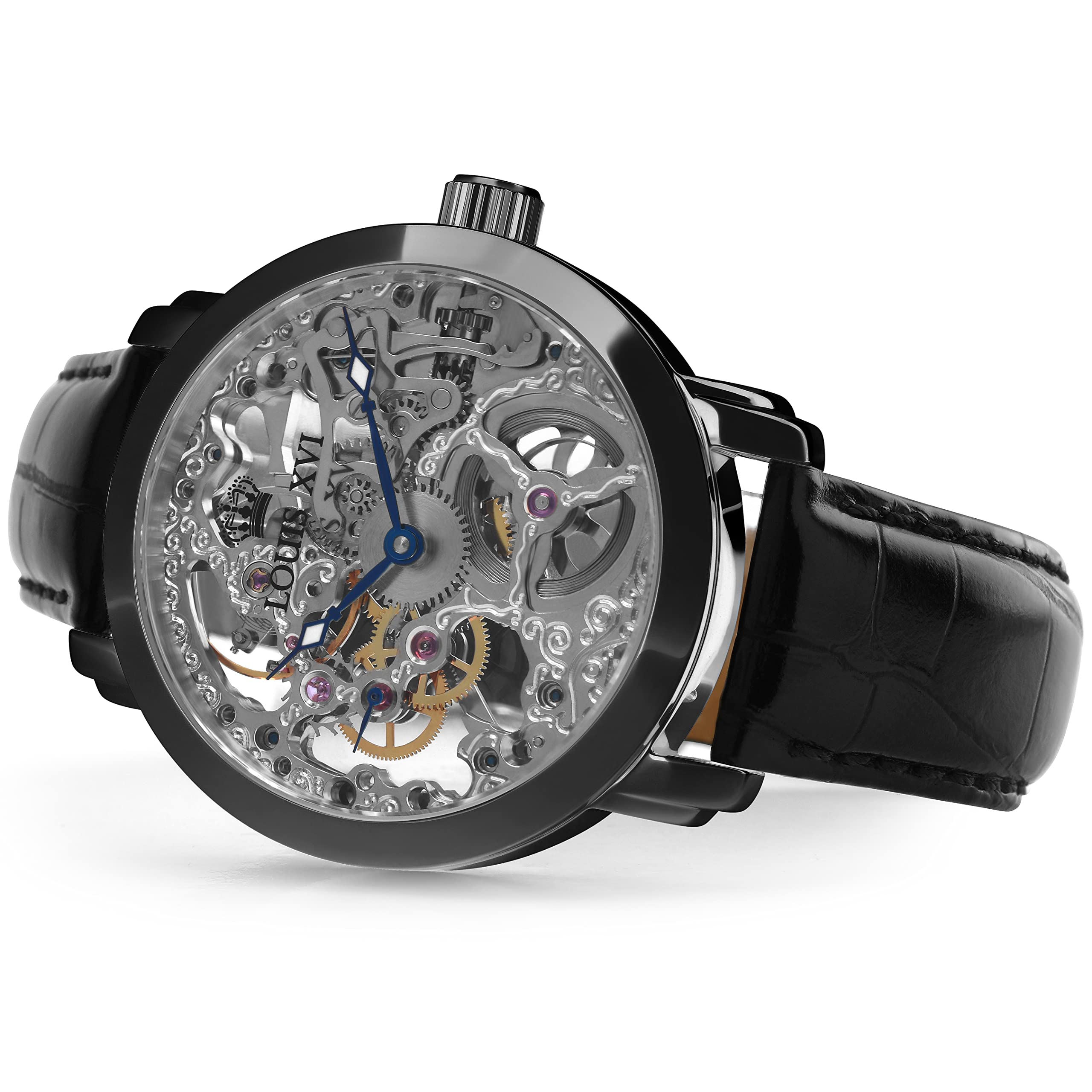 LOUIS XVI Herren-Armbanduhr Versailles Schwarz Handaufzug Mechanisch Skeleton Analog PU-Leder Schwarz 335