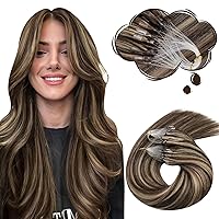 Moresoo Hair Extensions with Beads Human Hair 22 Inch Chocolate Brown and Honey Blonde Highlight Micro Ring Hair Extensions Color #4P27 Micro Bead Hair Extensions Remy Hair 50G/50S