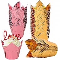 Tulip Cupcake Liners, 100pcs Gold Muffin Liners Baking Cups, 3.5 Ounce Disposable Rose Gold Cupcake Cups, Jumbo Aluminum Foil Cupcake Wrappers for Party, Wedding, Birthday, Christmas