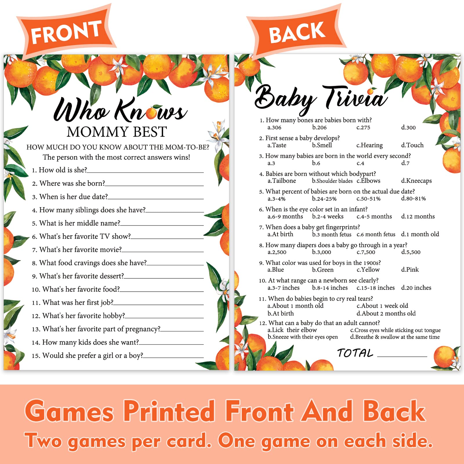 Little Cutie Orange Baby Shower Games, 4 Neutral Games, 50 Sheets Each, Fun Baby Shower Games Activities, Includes Who Knows Mommy Best, Baby Trivia, The Price is Right, and baby Word Scramble