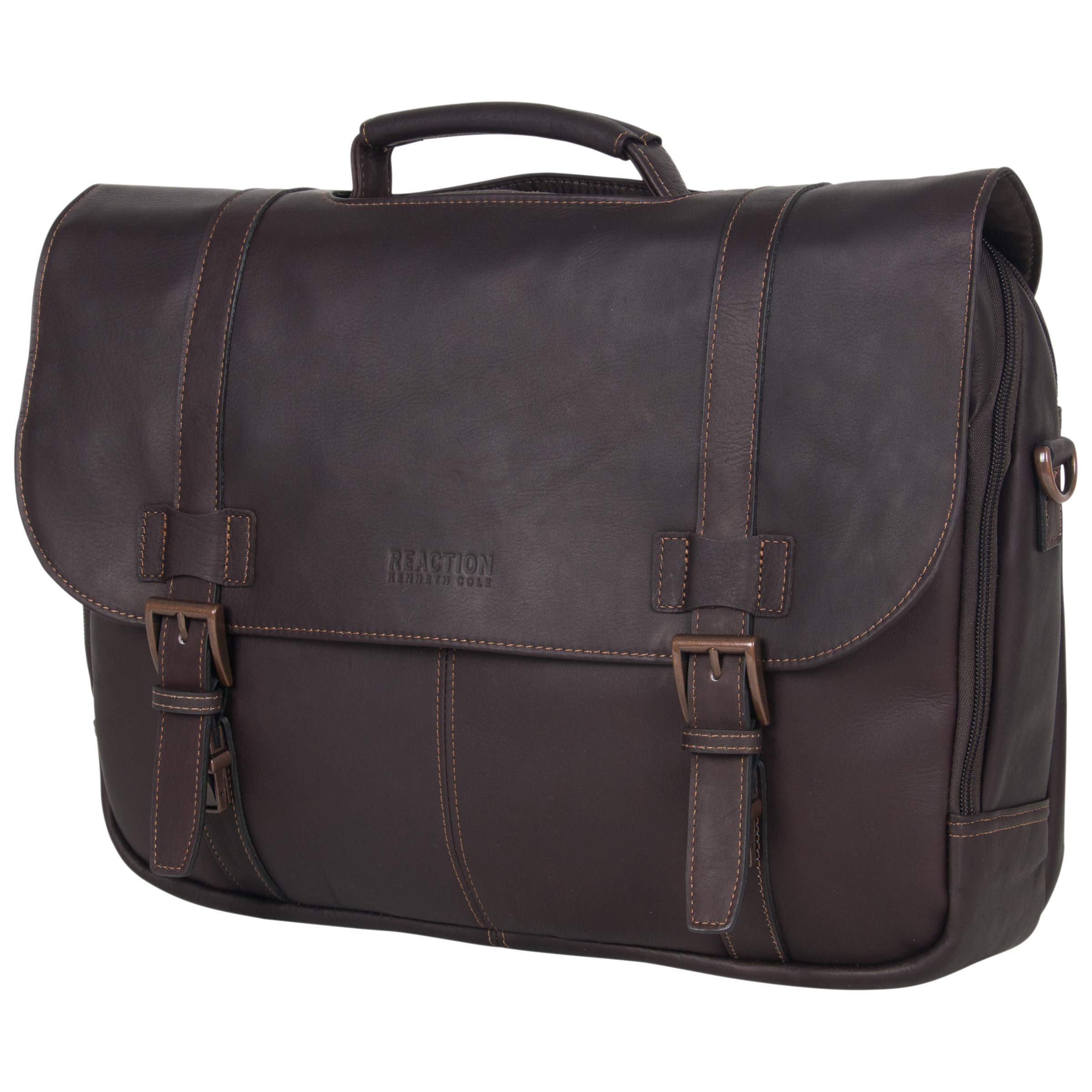 KENNETH COLE REACTION Show Business Messenger Briefcase Colombian Leather 16” Laptop Computer Portfolio Satchel Work Bag, Includes Card Holders, Dark Brown, One Size