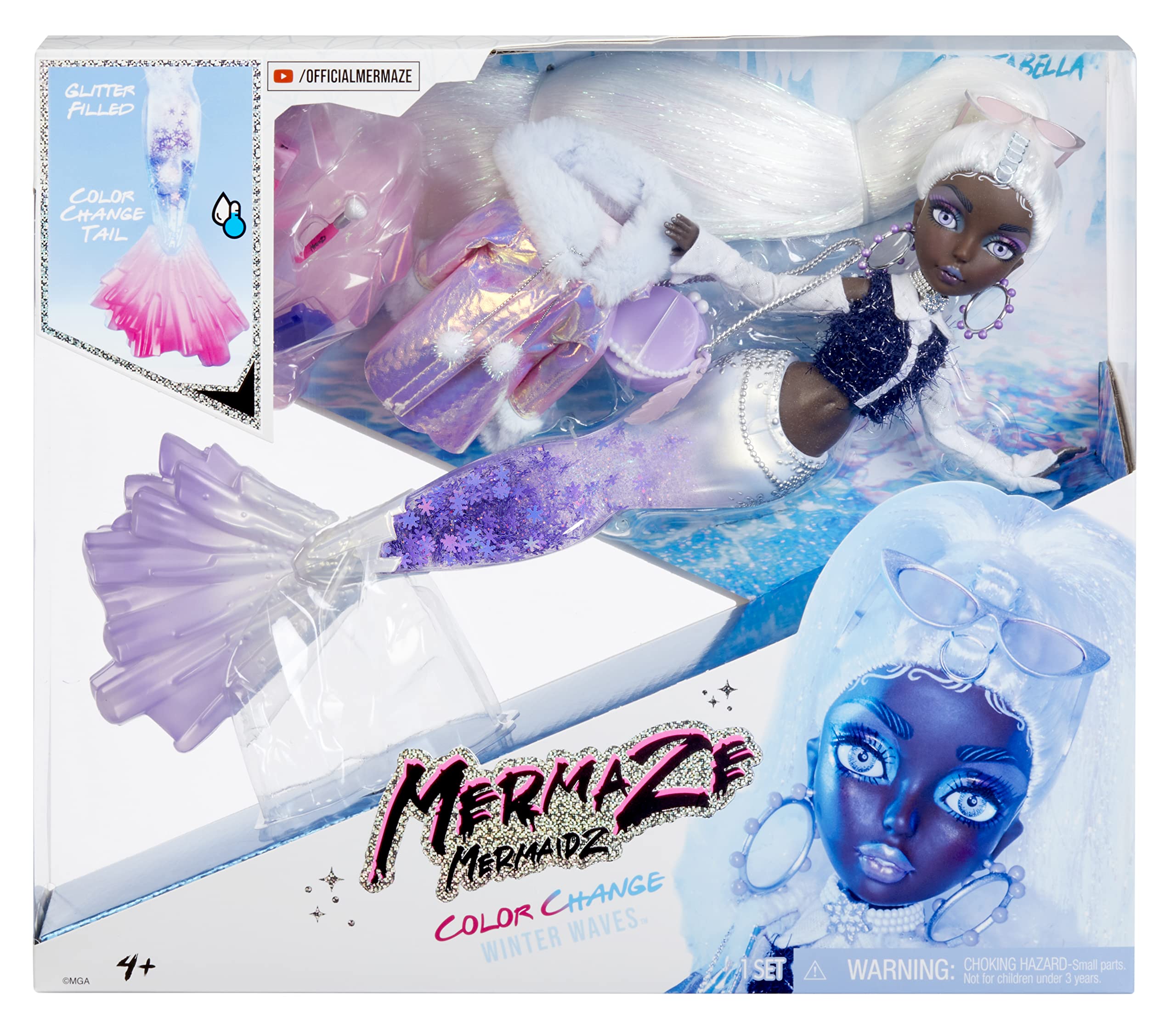 MERMAZE MERMAIDZ™ Winter Waves Crystabella™ Mermaid Fashion Doll with Color Change Fin, Glitter-Filled Tail and Accessories