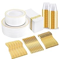 BUCLA 350PCS Gold Plastic Plates With Disposable Plastic Silverware& Napkins- Gold Rim Plastic Dinnerware Include 100 Plates/ 50 Forks/ 50 Knives/ 50 Spoons/ 50 Cups/ 50 Napkins for Thanksgiving Party