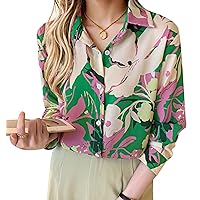 LAI MENG FIVE CATS Women's Elegant Collared Neck Print Button Down Loose Casual Blouse Tops