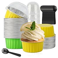 Disposable Cupcake Liners With Lids,BAKINGPAK 50PCS 4OZ Mini Cheesecake Containers Mini Cake Pans with Lids Cake Cups Mini Aluminum Pans with Lids Baking Cups for Mother's Day Party,Yellow+Prasinous