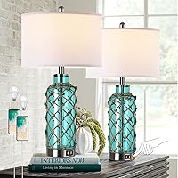 Cottage Nautical Accent Table Lamp Set of 2, Touch Control Coastal Blue Green Glass Rope Net Bedside Lamp with 2 USB Ports, 3-Way Dimmable Nightstand Lamps with White Shade for Living Room, Bedroom