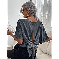 Women's T-Shirt Tie Back Dolman Sleeve Knit Tee T-Shirt for Women (Color : Dark Grey, Size : X-Small)