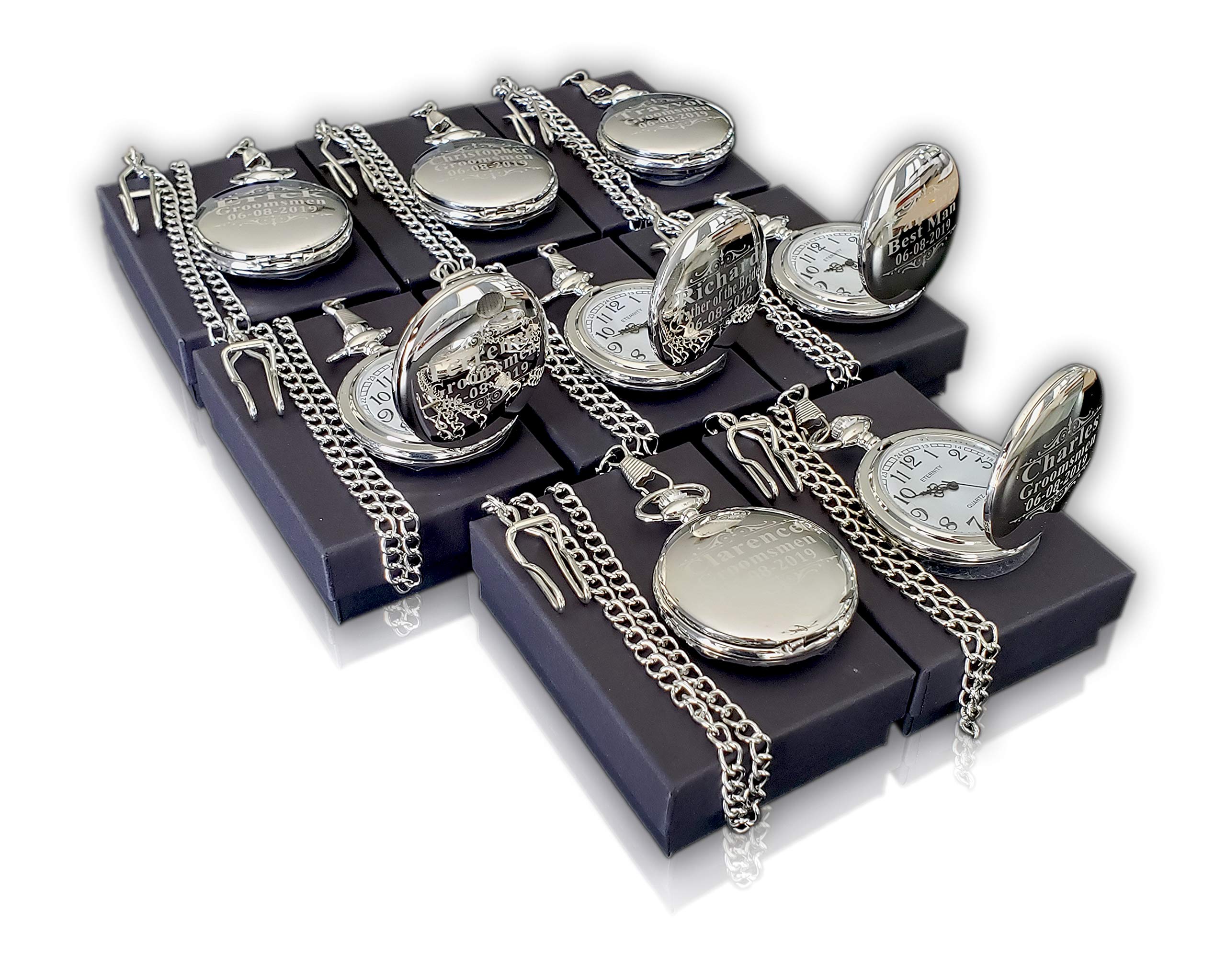Eternity Engraving inc. 8 Engraved Pocket Watches Custom Fitted Box Included, Buckle Chain, Engraving Included. Pocket Watch, Battery Included, Assorted Colors Set of 8