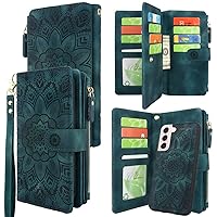 Detachable Magnetic Zipper Wallet Leather Case with Cash Coin Pocket 12 Card Slots Holder Wrist Strap Lanyard for Samsung Galaxy S22 5G 6.1 inch (2022) (Flower Teal)