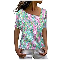 Women's Printed L-Neck Short Sleeve Top Blouse Summer Fashion Casual Tees Basic Loose Comfortable Bottom T Shirt