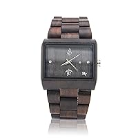 Wooden Wrist Watch for Men - Rectangular Shape Natural Black Sandalwood/Sapphire Crystal Dial Window/Wood Watch Band/Analog Japan Movement - Includes Logo Stamped Box