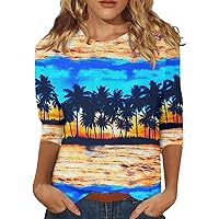 Women's T-Shirts, Women's Fashion Casual Round Neck 3/4 Sleeve Loose Printed T-Shirt Top
