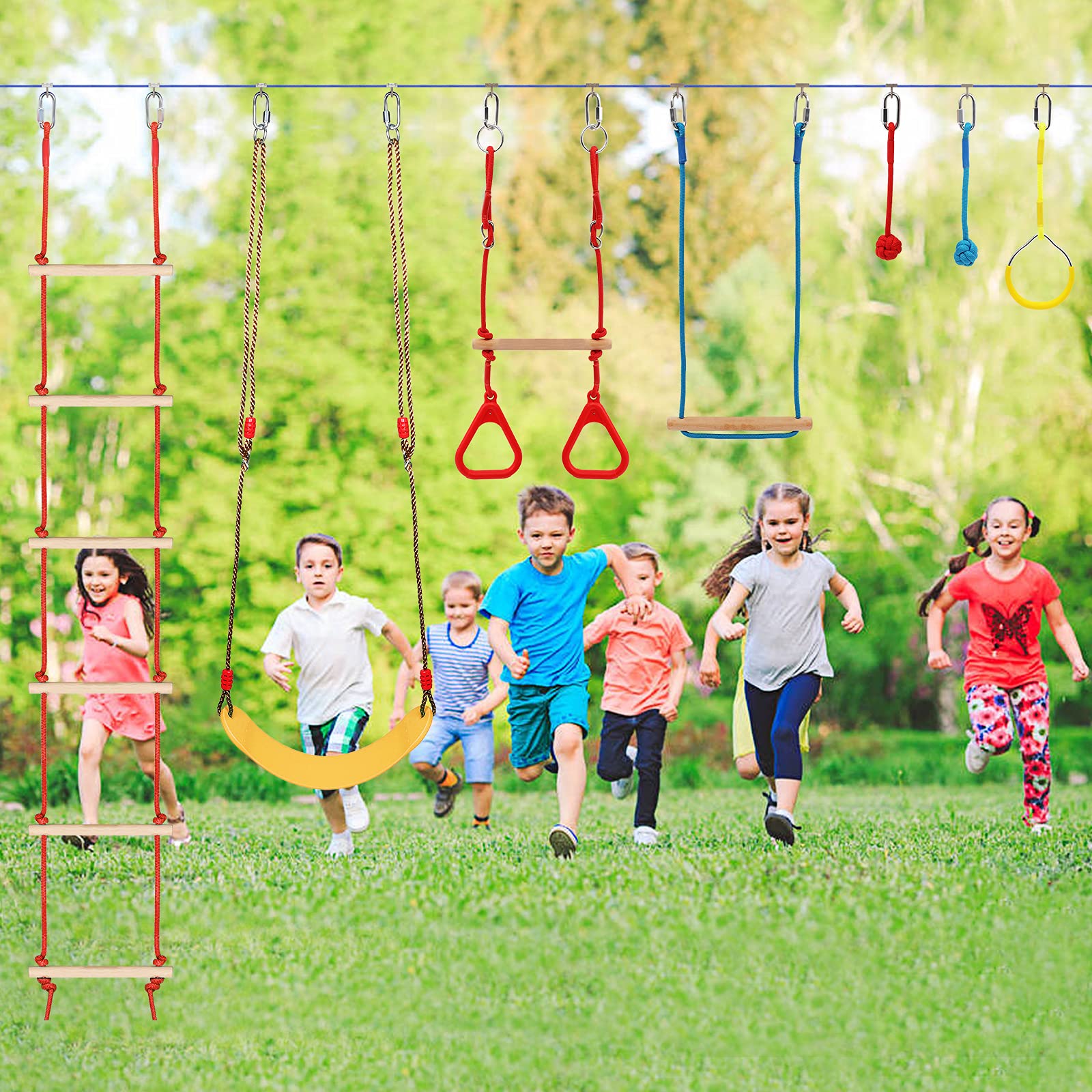 Ninja Warrior Kids Obstacle Course, 65 FT Durable Slackline with 7 Obstacles-Swings, Monkey Bars, Arm Trainers and More, Weatherproof Outdoor Obstacle Course for Backyard, Gym, Field，3+ Years Old