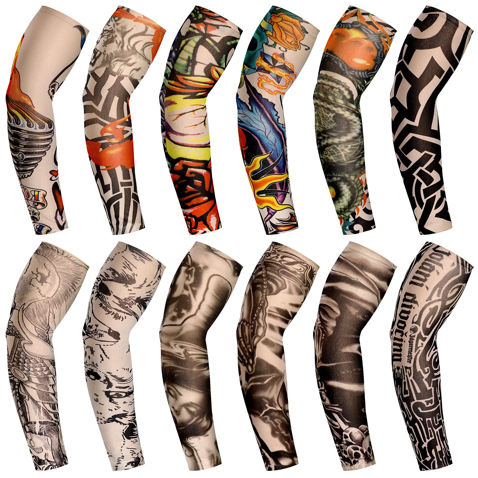 12 Pieces Tattoo Sleeves Set Fake Sunscreen Arm Sleeves Soft Elasticity Flower Arm Gloves Cycling
