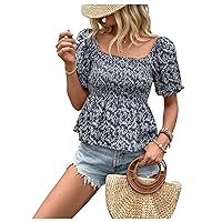 SOLY HUX Women's Ditsy Floral Puff Short Sleeve Square Neck Shirred Ruffle Blouse Top
