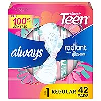 Always Radiant Teen Feminine Pads For Women, Size 1 Regular Absorbency, With Flexfoam, With Wings, Unscented, 42 Count