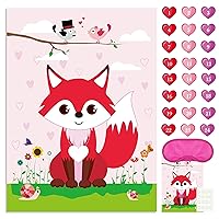 FEPITO Pin The Heart on The Fox Valentine's Day Game with 24Pcs Heart Stickers for Valentines Day Party Supplies, Kids Birthday Party Decoration