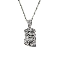 Men Women 14k White Gold Pl Cross Jesus Head Crucifix Diamond Religious Ice Out Pendant Piece Charm Pendant, Stainless Steel Real 2.5 mm Rope Chain, Mans Jewelry, Iced Pendant, Jesus Necklace