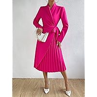 Womens Fall Fashion 2022 Shawl Collar Pleated Hem Tie Side Dress (Color : Hot Pink, Size : X-Small)