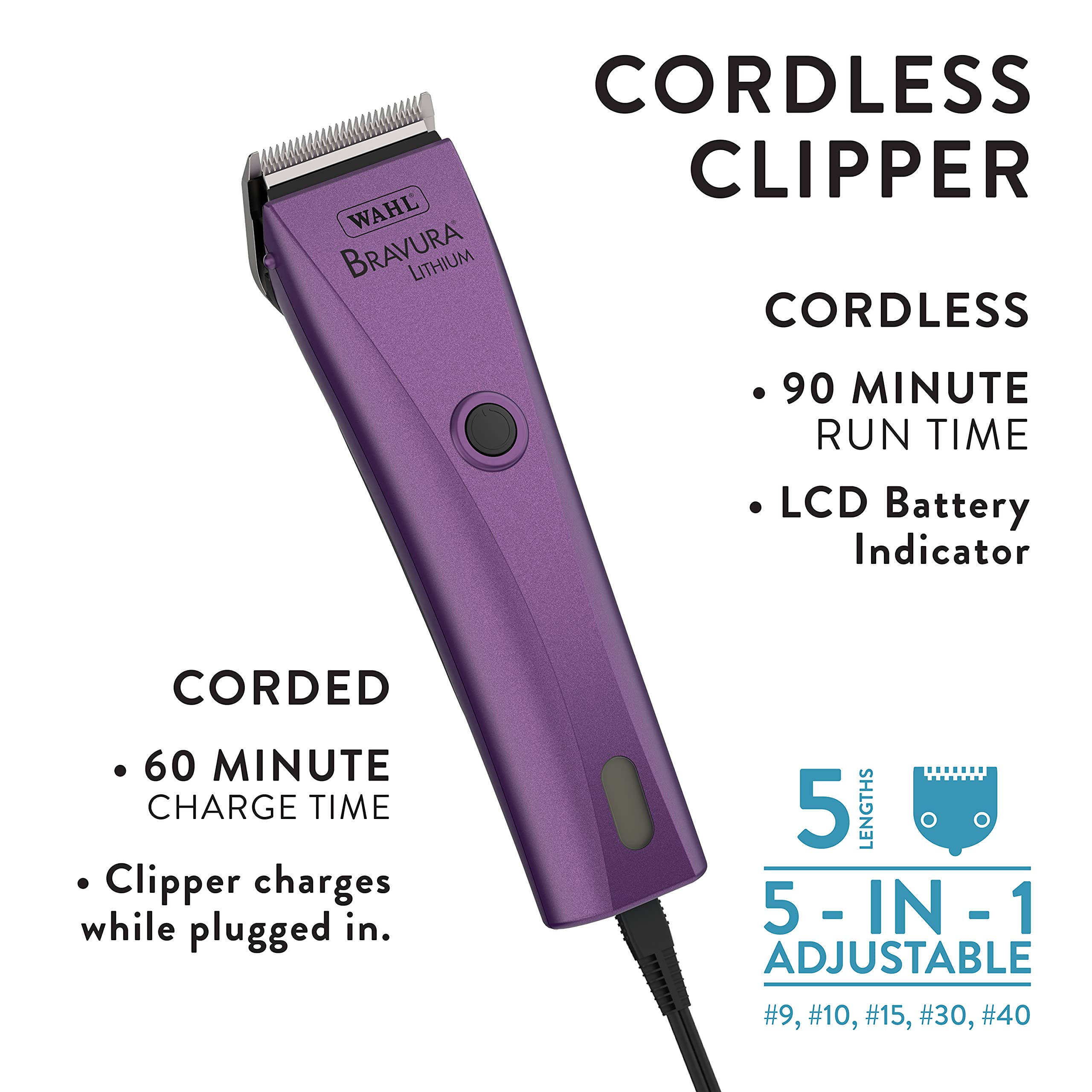WAHL Professional Animal Bravura Lithium Ion Clipper - Pet, Dog, Cat, and Horse Corded/Cordless Clipper Kit, Purple (41870-0423)