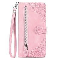 Wallet Case Compatible with Oppo F17 Pro, Embossed Flower Leather Zipper Pocket Purse Case with 7 Card Slot for Oppo F17 Pro (Pink)