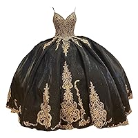 Sparkly Fabric Gold Embroidery Patterning V Neck Ball Gown Quinceanera Prom Formal Dresses with Straps 2024