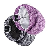 Satin Lined Sleep Cap Bonnet for Curly Hair and Braids, Stay On All Night Hair Wrap with Adjustable Strap for Women and Men, Black and Purple, Pack of 2