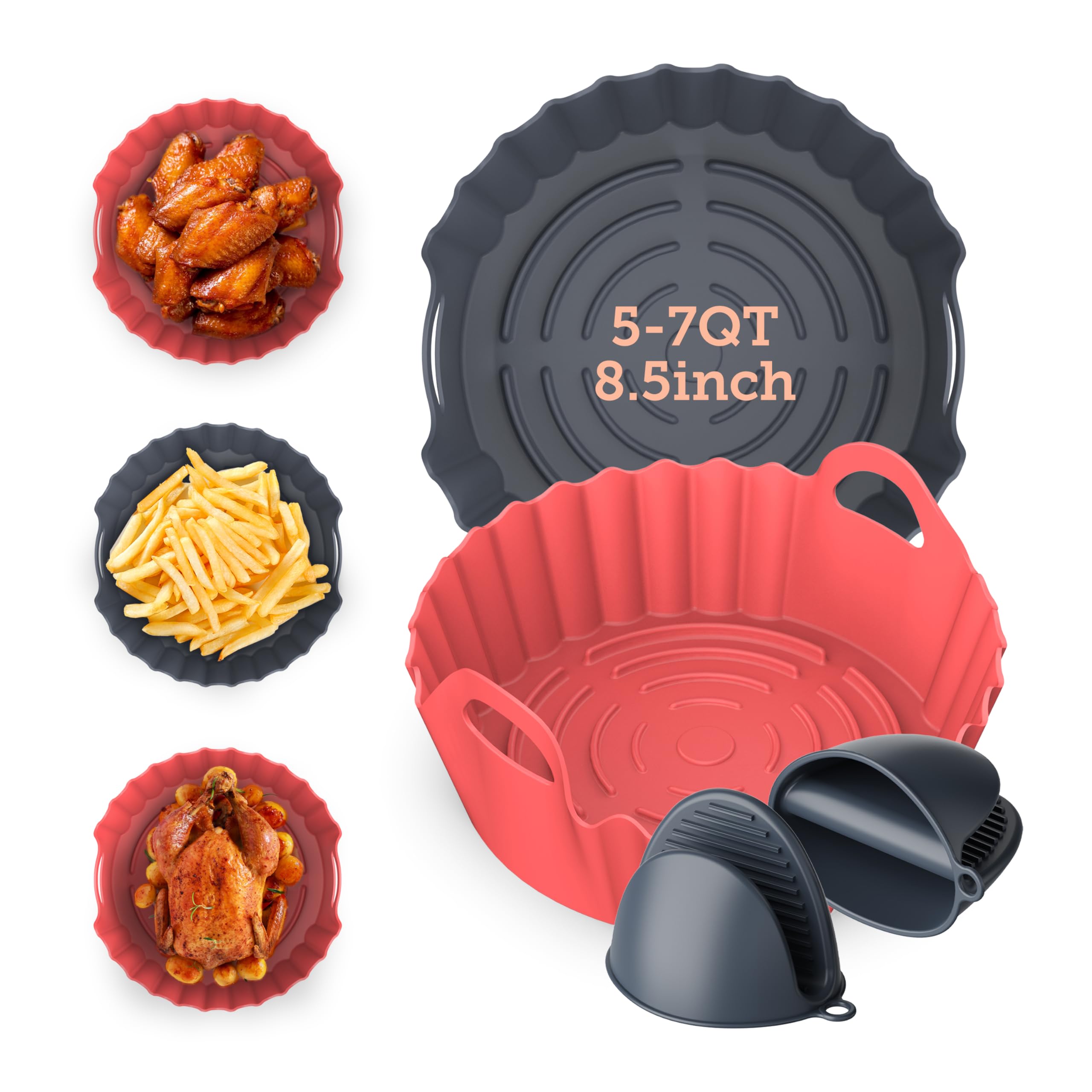COSORI Air Fryer Silicone Liners for 5-7 Qt, 8.5 Inch Reusable Basket, Certified Food Grade Accessories, Resistant up to 450°F, Thickened & Durable​, Non-stick Dishwasher Safe, Gloves Included, 2 Pcs