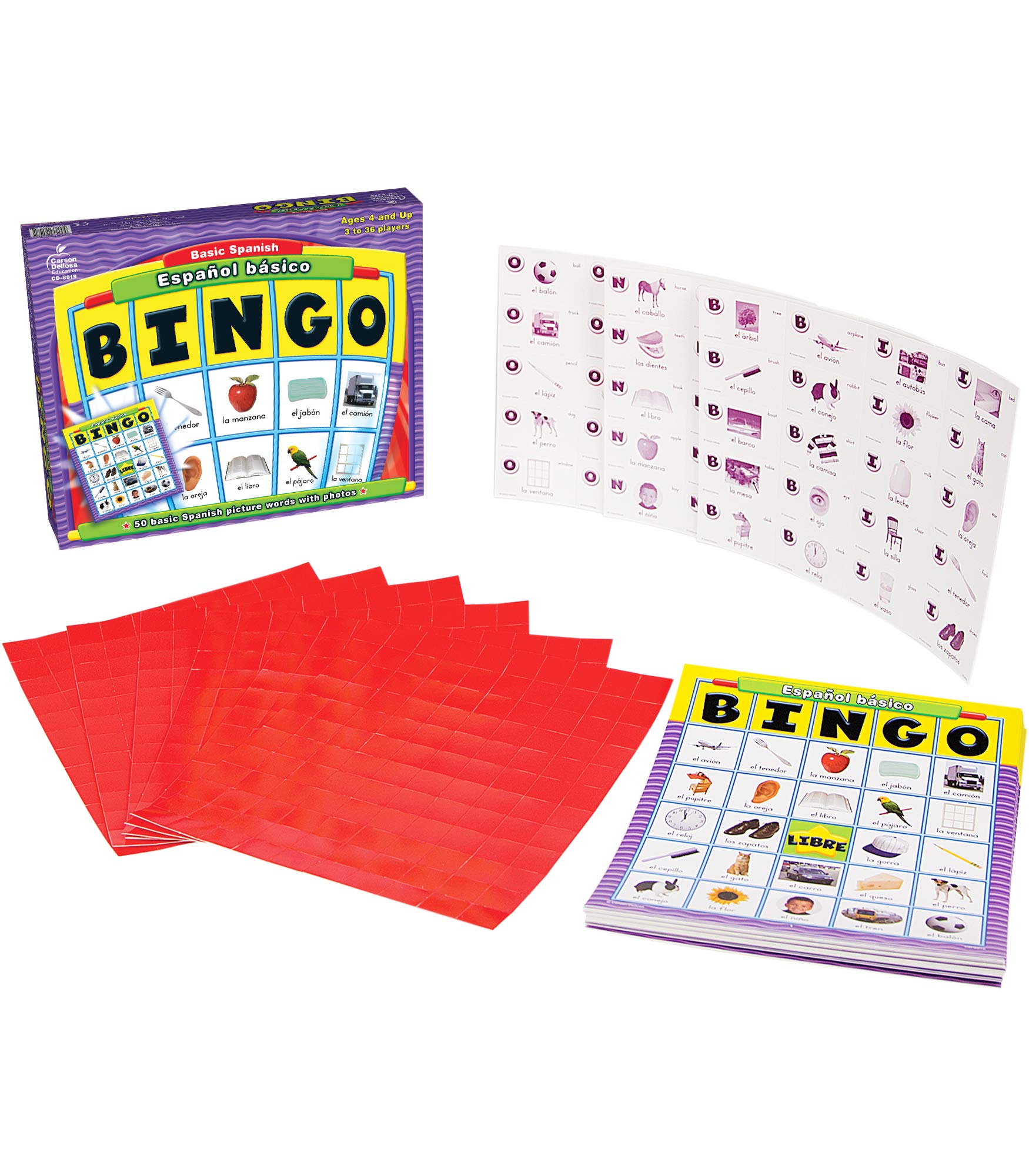 Carson Dellosa Basic Spanish Bingo Game—Learning Board Game with 50 Spanish Words with Photos, 36 Game Boards and Bingo Chips for 3-36 Players, Ages 4 and Up