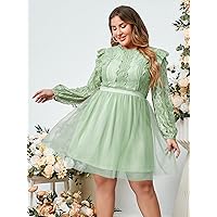 Plus Women's Dress Plus Contrast Lace Ruffle Trim Mesh Overlay Dress (Color : Mint Green, Size : 4X-Large)