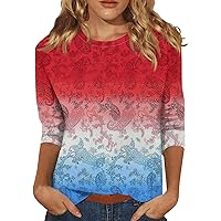 Women's Fashion Casual Seven-Point Sleeve Independence Day Print Crewneck Casual Basic Fashion Trendy Top