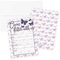 DISTINCTIVS Butterfly Birthday Party Invitations - Purple Butterfly Wishes - 10 Fill In Invite Cards with Envelopes - Come Flutter With Us Themed Party Supplies