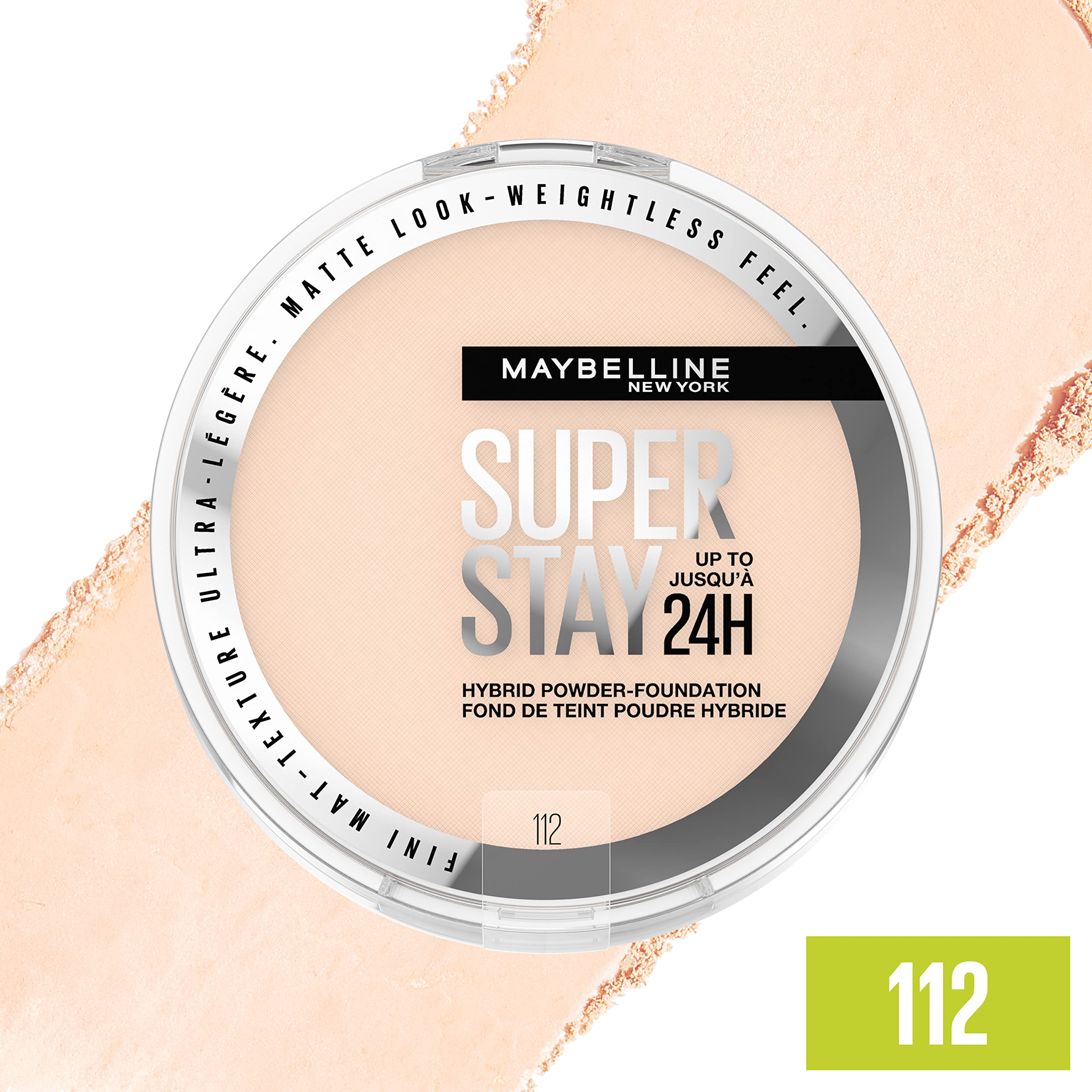 Maybelline New York Super Stay Up to 24HR Hybrid Powder-Foundation, Medium-to-Full Coverage Makeup, Matte Finish, 112, 1 Count